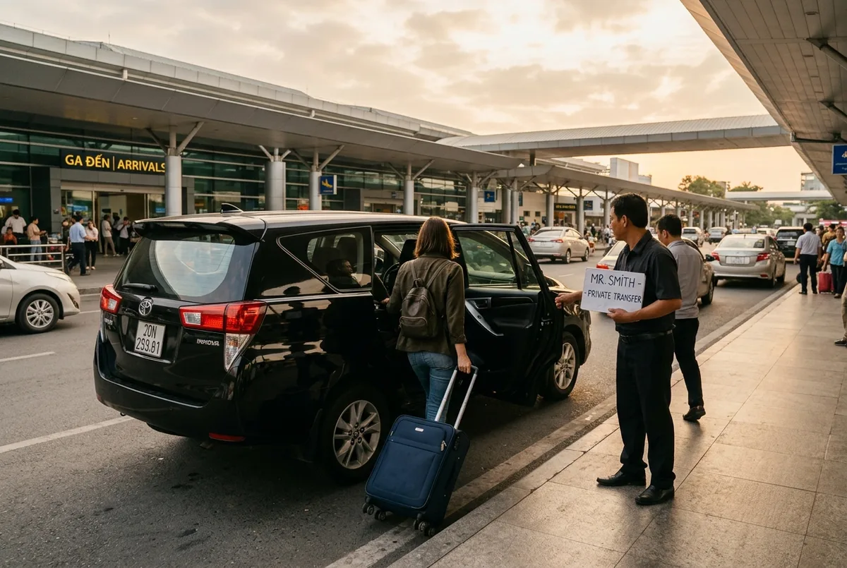 Traveler with a rolling suitcase stepping into a private car outside Tan Son Nhat Airport arrivals hall, driver holding a name sign, early morning light