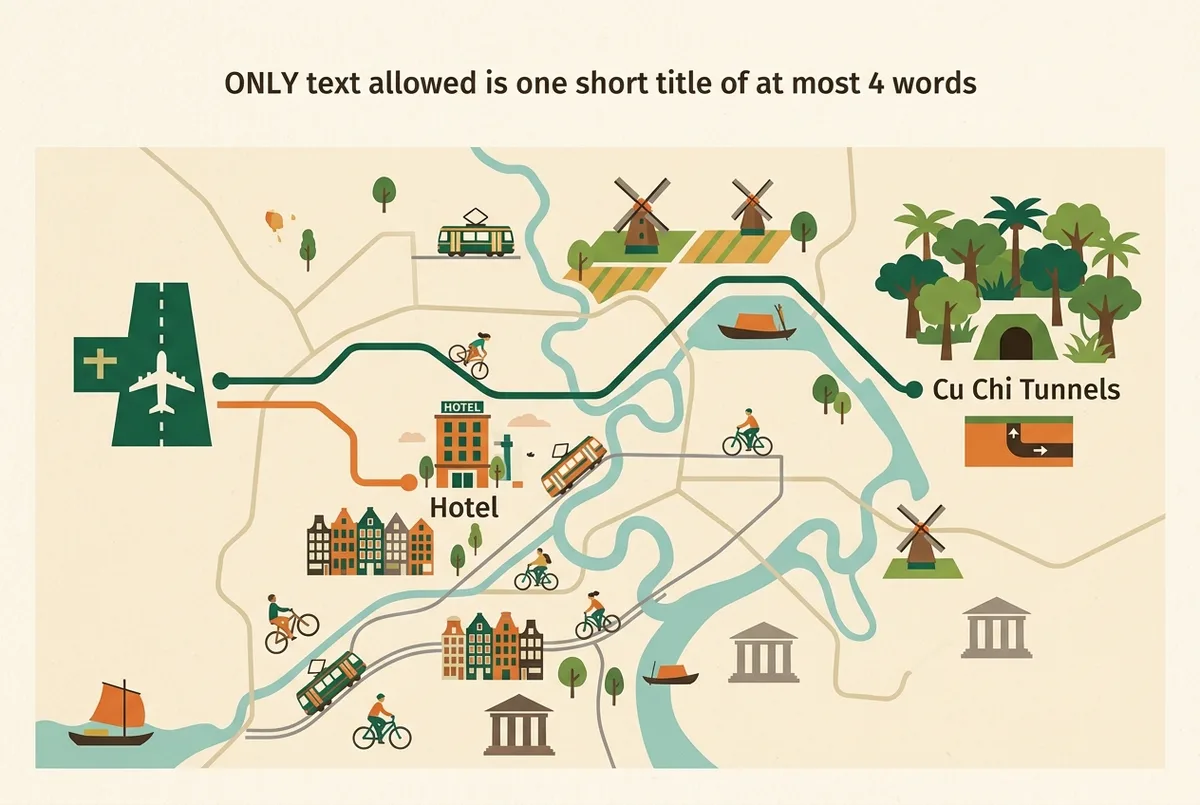 Simple map style infographic showing an airport icon connected by a route line to the Cu Chi Tunnels, with a second shorter line branching to a hotel icon in District 1, flat icon style, no numbers or statistics