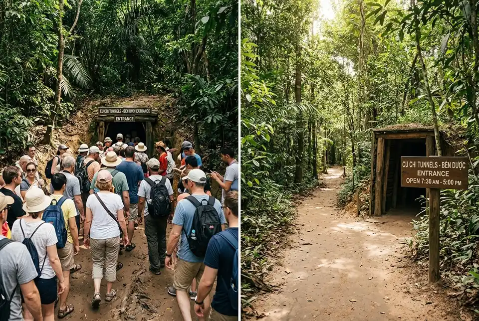 Split composition showing a crowded jungle trail at one Cu Chi tunnel entrance beside a quiet, empty trail at a second entrance with cu chi tunnel ben duoc signage, midday light