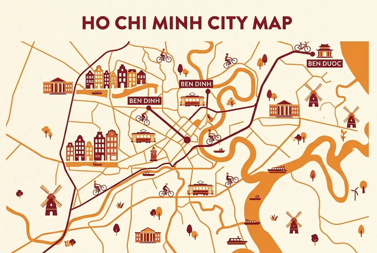 Simple map style infographic showing Ho Chi Minh City with two route lines, one shorter to a Ben Dinh label and one longer to a Ben Duoc label with a small temple icon, flat icon style, no numbers or statistics