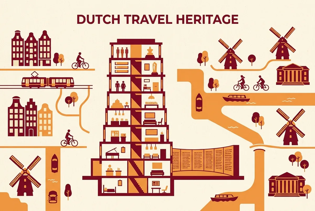 Simple infographic showing a labeled cross section of the nine story ben duoc memorial tower beside a short stretch of the inscribed memorial wall, flat icon style, generic labels only, no numbers or statistics