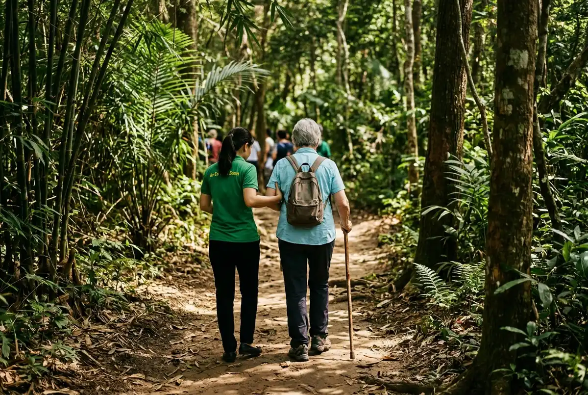Senior traveler using a walking stick on a shaded jungle trail at the cu chi tunnels accessibility theme, guide offering an arm for support, dappled sunlight through trees