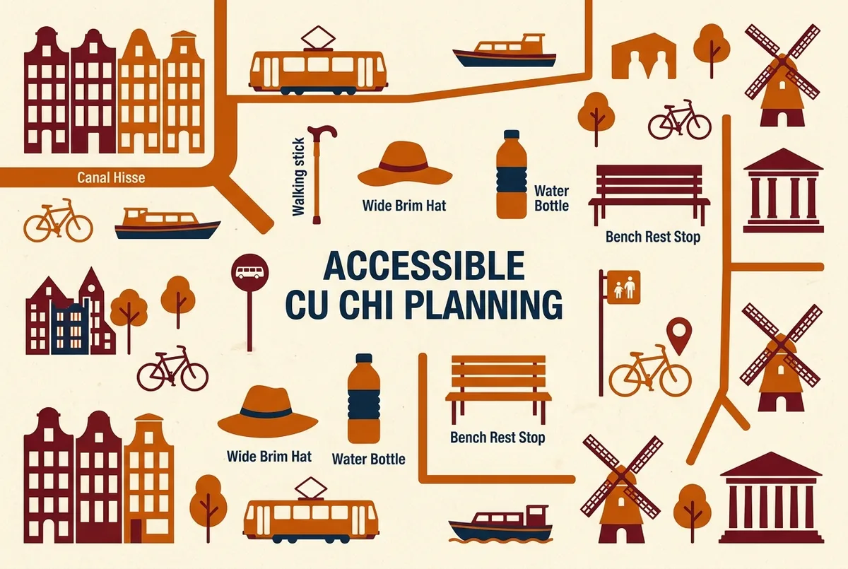 Simple flat lay style infographic showing labeled icons for a walking stick, wide brim hat, water bottle and a bench rest stop, cu chi tunnels accessibility planning theme, flat icon style, no numbers or statistics
