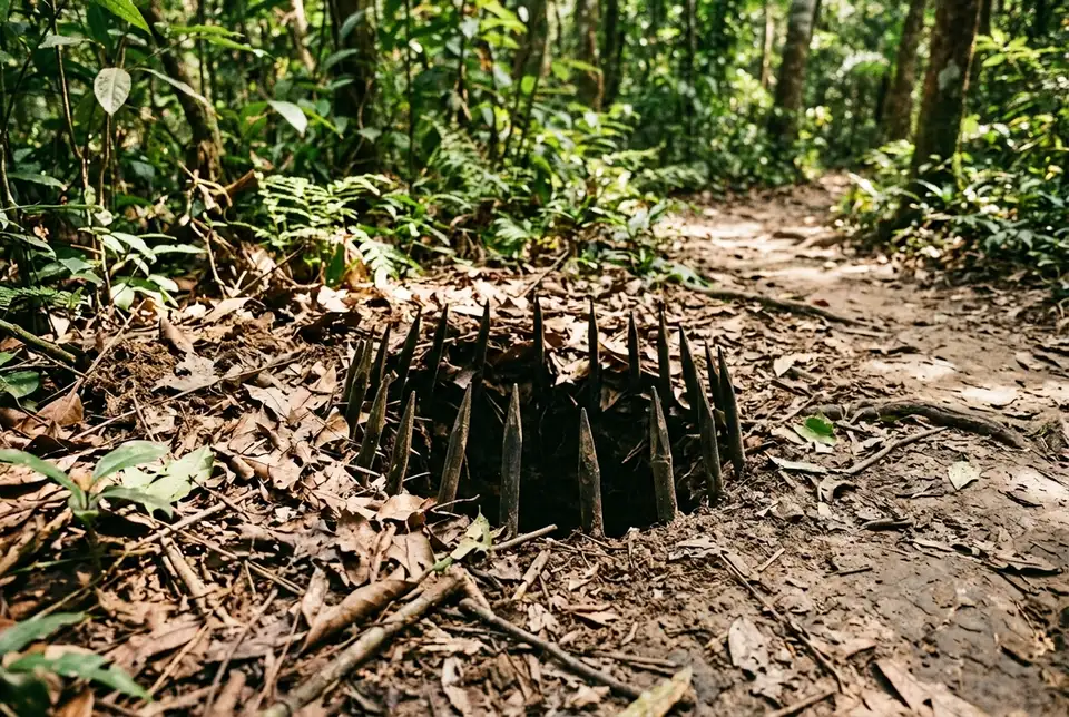 Close up reenactment of a camouflaged spiked pit trap partially hidden under leaves on a jungle trail, cu chi tunnels booby traps theme, dappled midday light