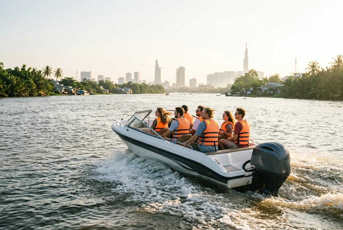Sleek speedboat cruising up the Saigon River toward Cu Chi with passengers in life vests enjoying the breeze, city skyline fading behind them, golden morning light