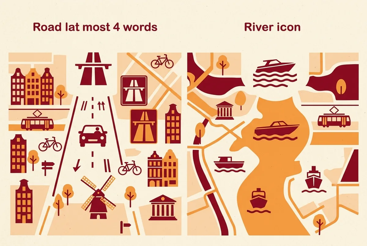 Simple side by side infographic comparing a highway icon with a car and traffic marks against a river icon with a speedboat, labeled road route and river route, flat icon style, no numbers or statistics