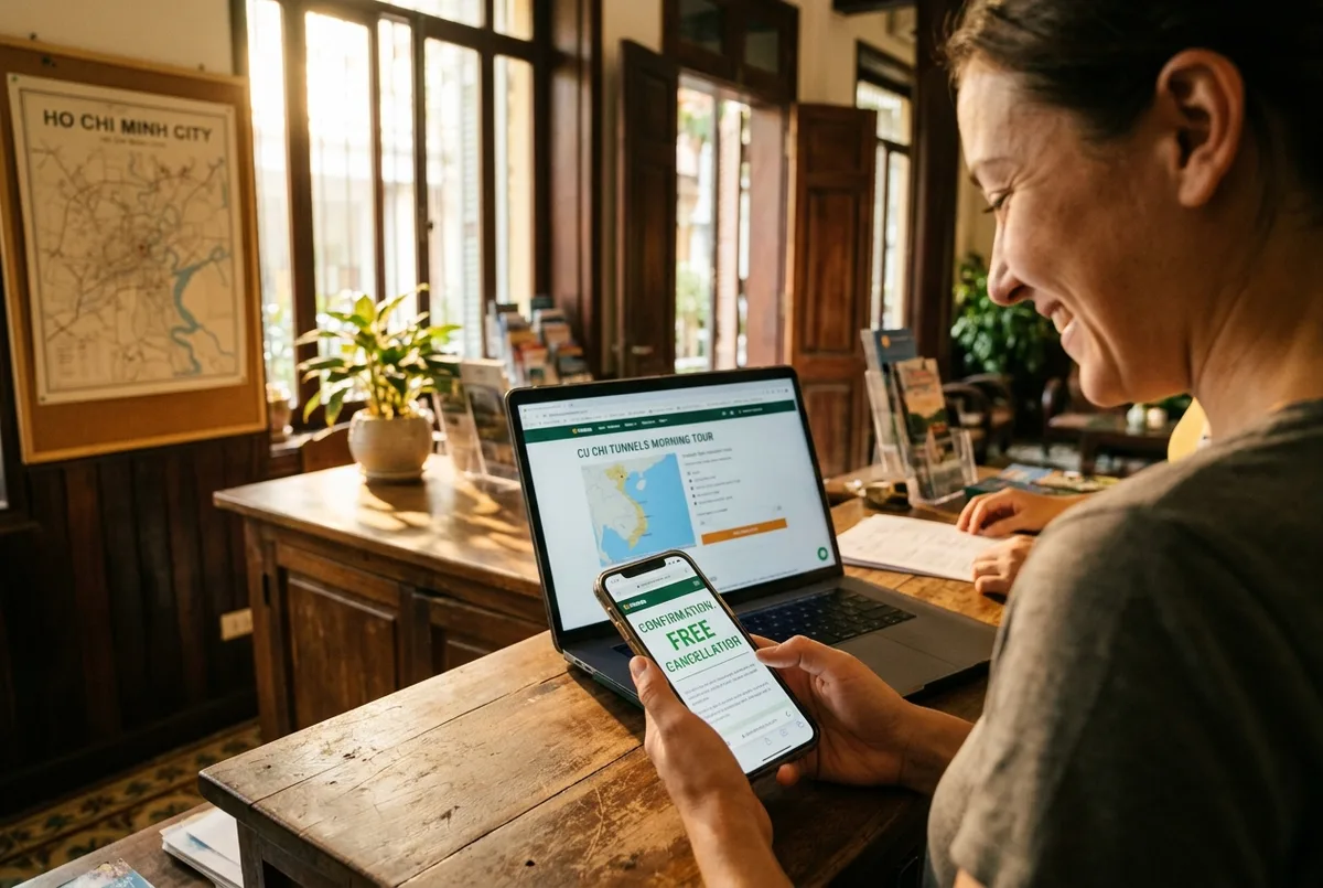 Traveler smiling at a free cancellation confirmation message on a phone at a Ho Chi Minh City hotel desk, Cu Chi Tunnels tour booking visible on a laptop screen behind, warm reassuring morning light