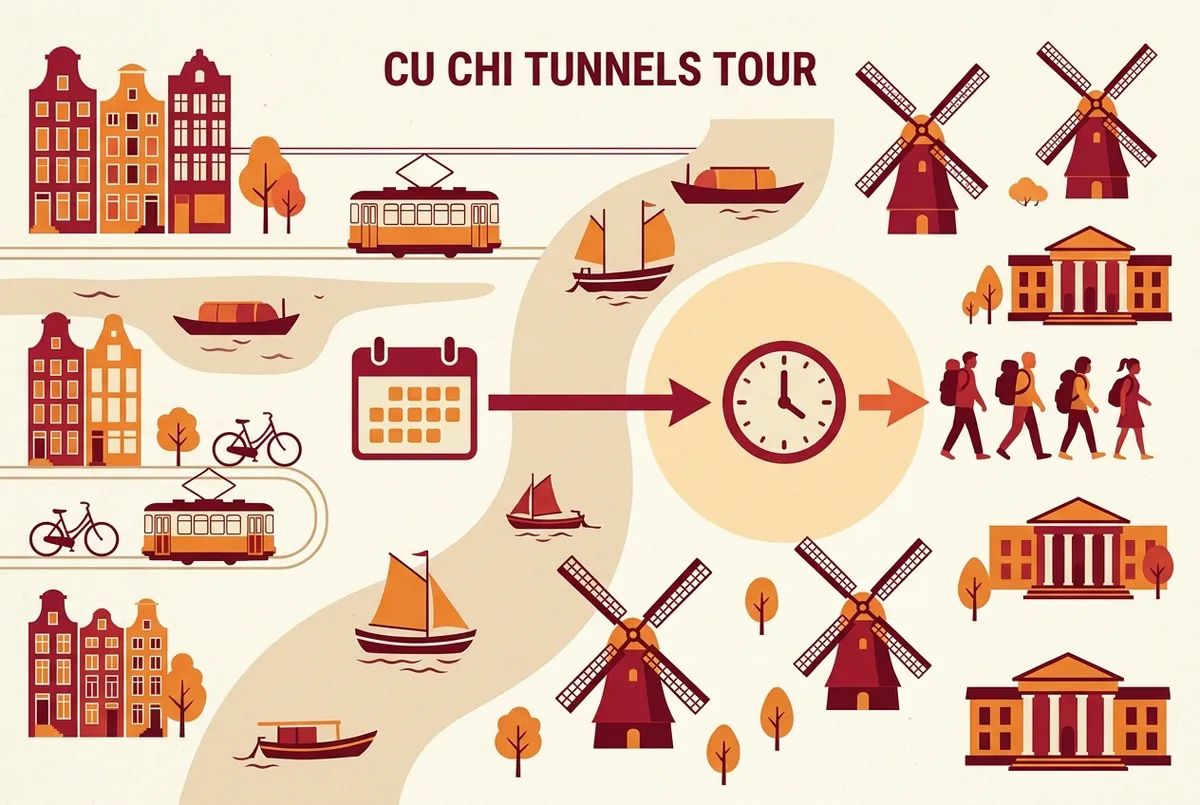 Simple infographic showing a calendar and clock icon marking a 24 hour free cancellation window before a Cu Chi Tunnels tour departure, flat icon style, generic labels only, no numbers or statistics