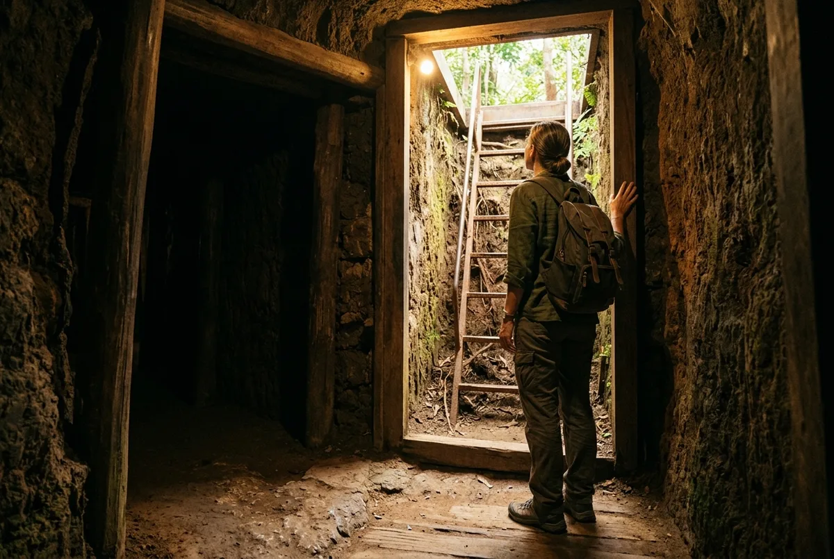 Traveler pausing at a lit exit hatch inside a widened tourist section of tunnel, cu chi tunnels claustrophobia reassurance theme, warm interior light contrasting dark tunnel walls