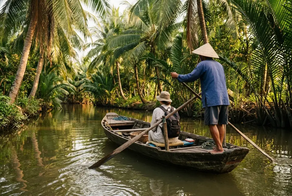 Traveler riding a hand paddled sampan through a coconut palm lined canal in the Mekong Delta after a cu chi mekong tour, golden afternoon light, local boat guide paddling