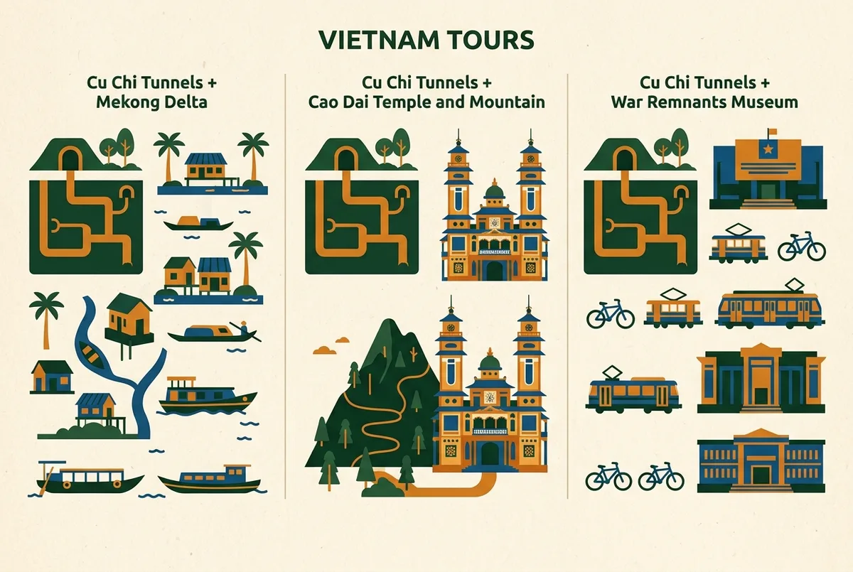 Simple infographic comparing three cu chi tunnels combo tour pairings labeled Mekong Delta boat trip, Cao Dai Temple and mountain, and War Remnants Museum, flat icon style, generic labels only, no numbers or statistics