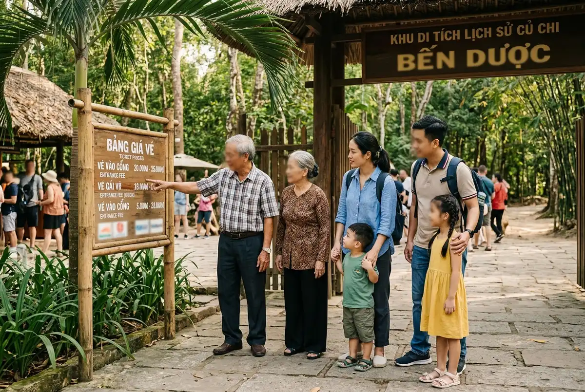 Family with young children and grandparents checking a cu chi tunnels discount ticket price board at the entrance gate, warm morning light, friendly candid moment
