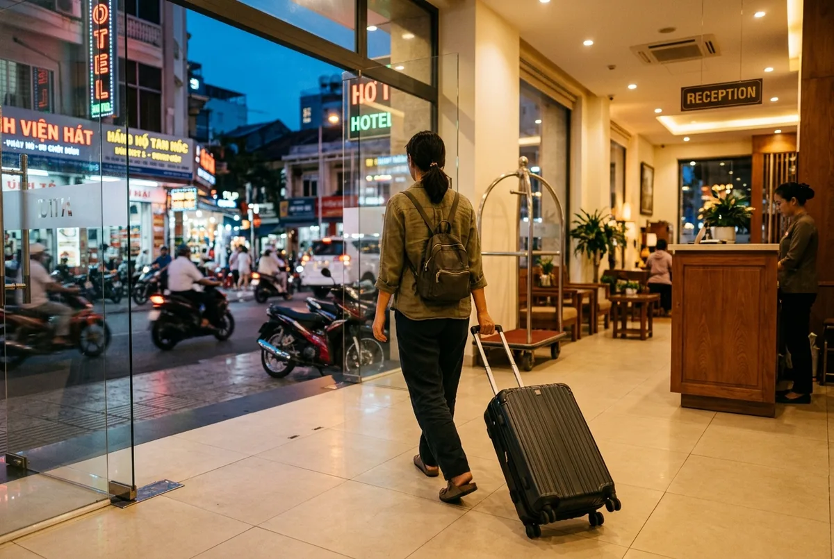 Traveler wheeling a suitcase into a District 1 Ho Chi Minh City hotel lobby at dusk, city lights and traffic visible through the entrance, where to stay for cu chi tunnels theme