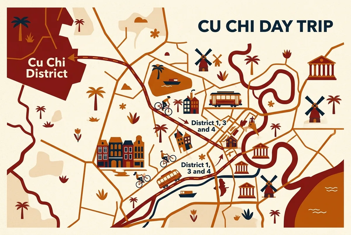 Simple map style infographic showing central Ho Chi Minh City districts labeled District 1, 3 and 4 with a route line pointing to Cu Chi District, cu chi tunnels day trip logistics theme, flat icon style, no numbers or statistics