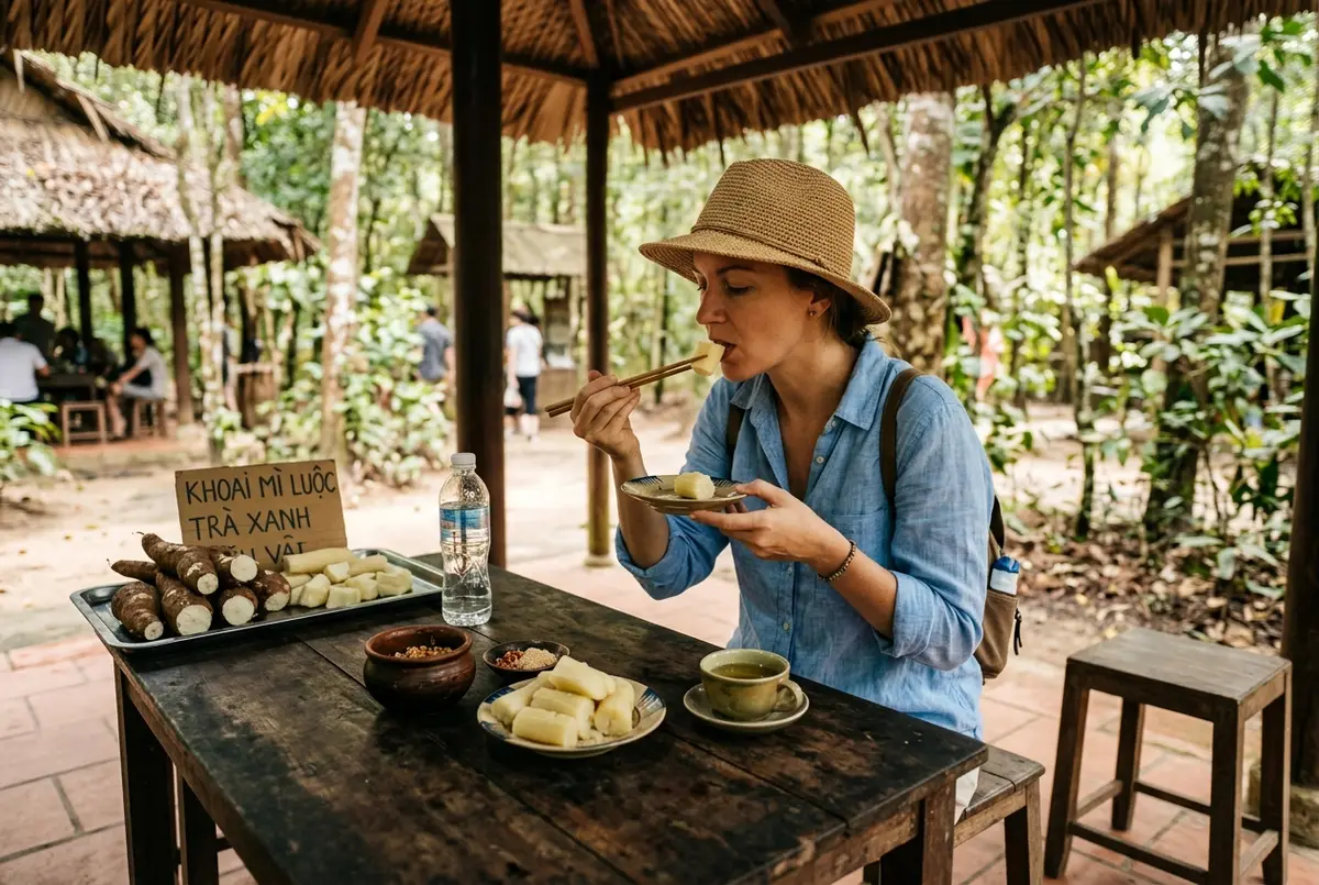 Traveler tasting boiled cassava and tea at a shaded rest stop table near the Cu Chi Tunnels, wartime staple food display, cu chi tunnels food theme, warm midday light