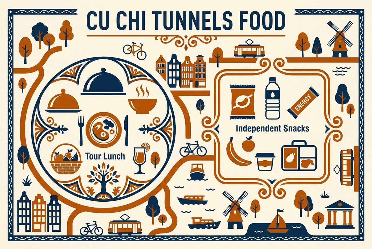 Flat icon infographic comparing what's included in a Cu Chi Tunnels combo tour lunch against snacks to pack for an independent visit, cu chi tunnels food theme, generic food icons only, no prices or statistics