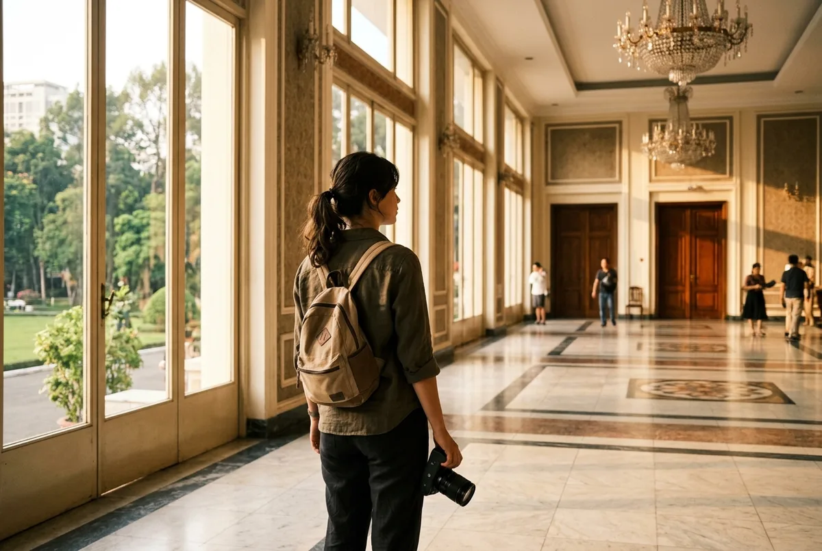 Traveler standing in the reception hall of Independence Palace after a cu chi tunnels full day tour, camera in hand, late afternoon light through tall windows