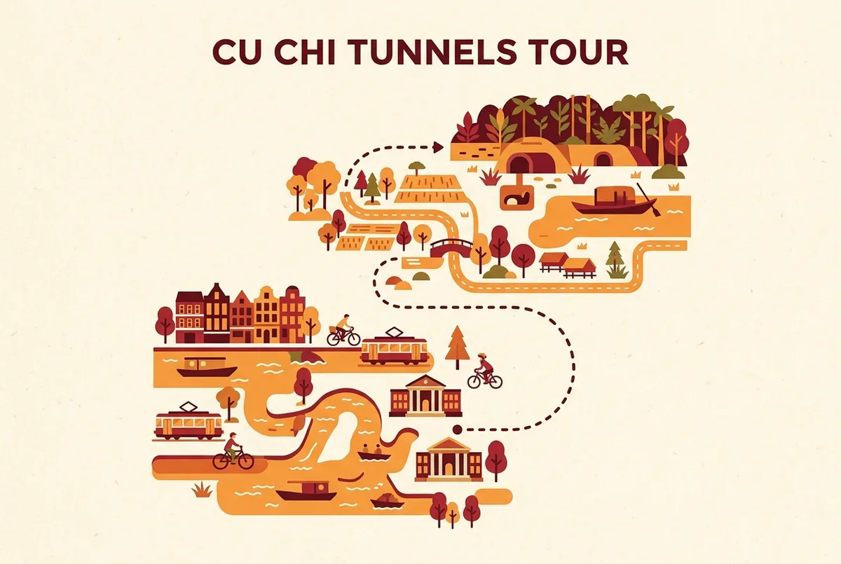 Simple route map infographic showing the Cu Chi Tunnels connected by a dashed line to central Ho Chi Minh City landmarks for a cu chi tunnels full day tour, flat icon style, generic labels only, no numbers or statistics