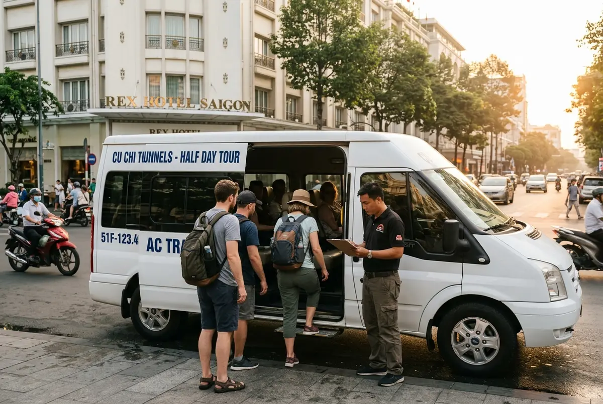 Small tour group boarding an air conditioned van outside a Ho Chi Minh City hotel at sunrise for a cu chi tunnels half day tour, guide checking a clipboard, warm golden light