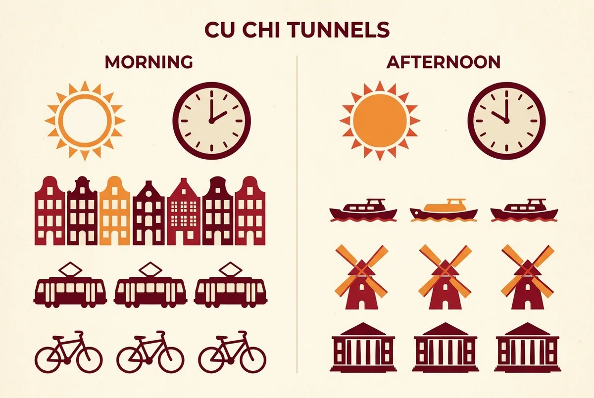 Simple side by side infographic comparing a morning sun icon and departure clock against an afternoon sun icon and departure clock for a cu chi tunnels half day tour, flat icon style, generic labels only, no numbers or statistics