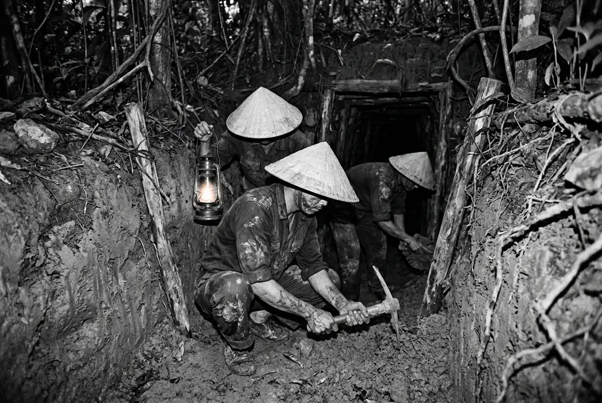 Black and white style reenactment scene of guerrilla fighters digging a narrow earthen tunnel by hand under jungle cover, cu chi tunnels history theme, dim lantern light