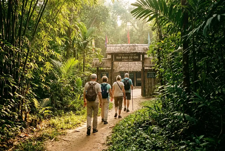 Small group of tourists walking a sunlit jungle trail toward the Cu Chi Tunnels entrance gate early in the morning, soft golden light, quiet empty path