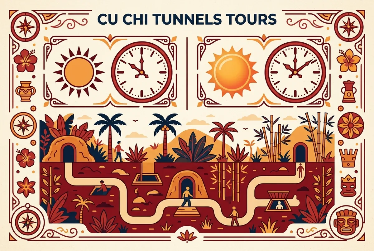 Simple infographic showing a sun icon and clock for a morning Cu Chi Tunnels tour departure next to a warmer sun icon and clock for an afternoon departure, flat icon style, generic labels only, no numbers or statistics