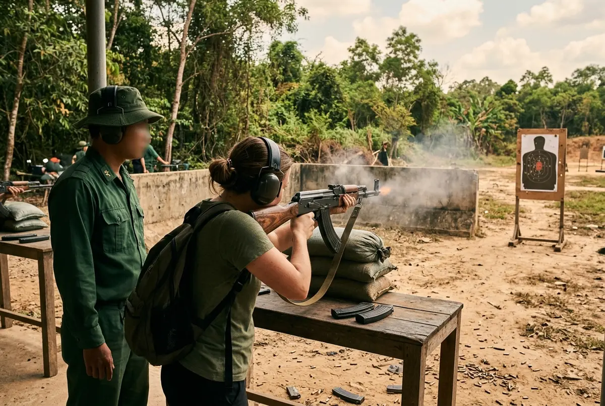 Tourist in ear protection firing an AK-47 rifle at the Cu Chi Tunnels shooting range, instructor standing beside them, dusty outdoor firing lane, midday light