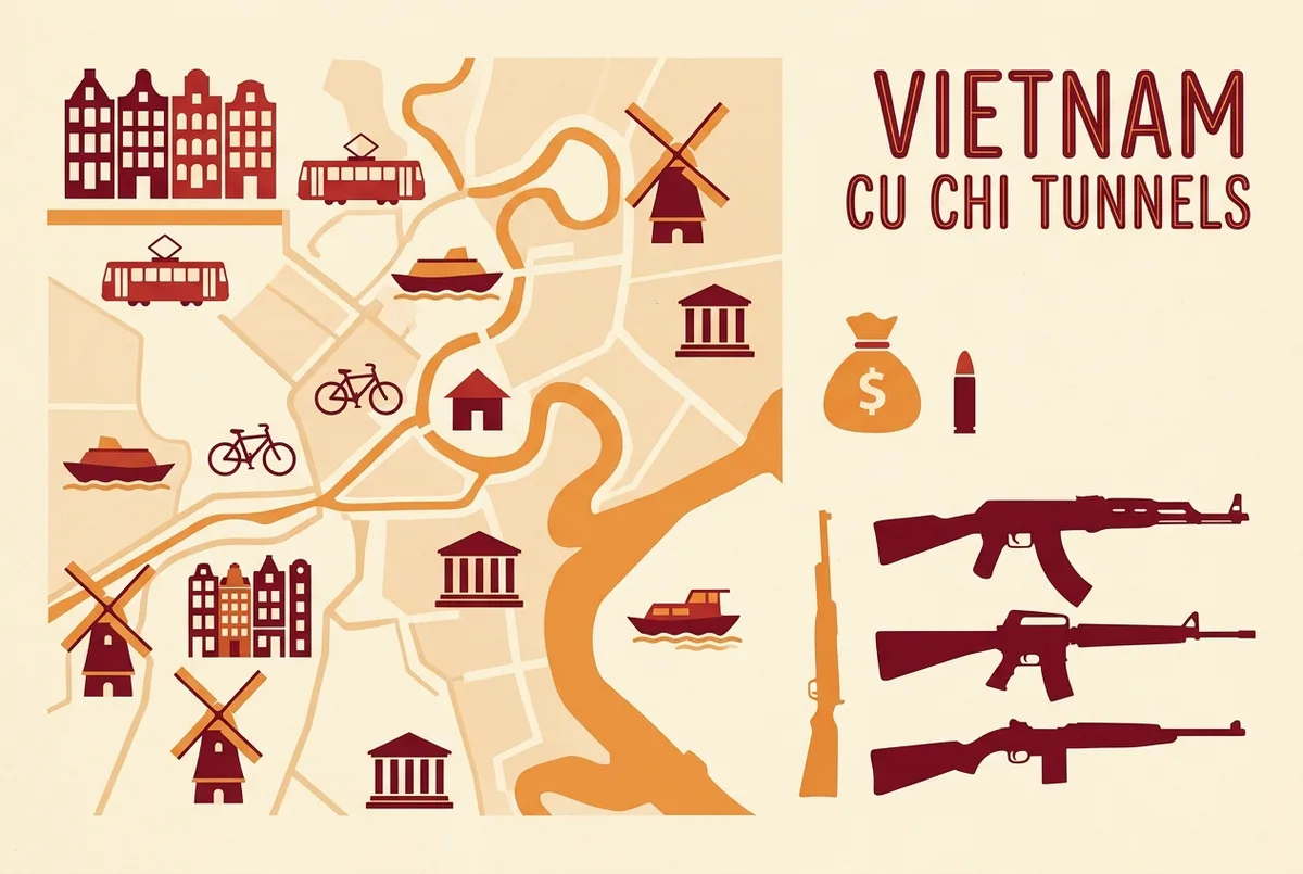 Simple infographic showing three rifle silhouettes labeled AK-47, M16 and carbine next to a cash and bullet icon representing per-round pricing at the Cu Chi Tunnels shooting range, flat icon style, no numbers or statistics