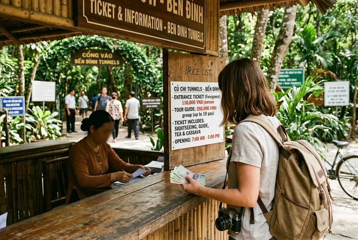 Traveler checking the cu chi tunnel tour price list at an open air ticket counter near the Cu Chi Tunnels entrance, Vietnamese dong notes in hand, warm morning light