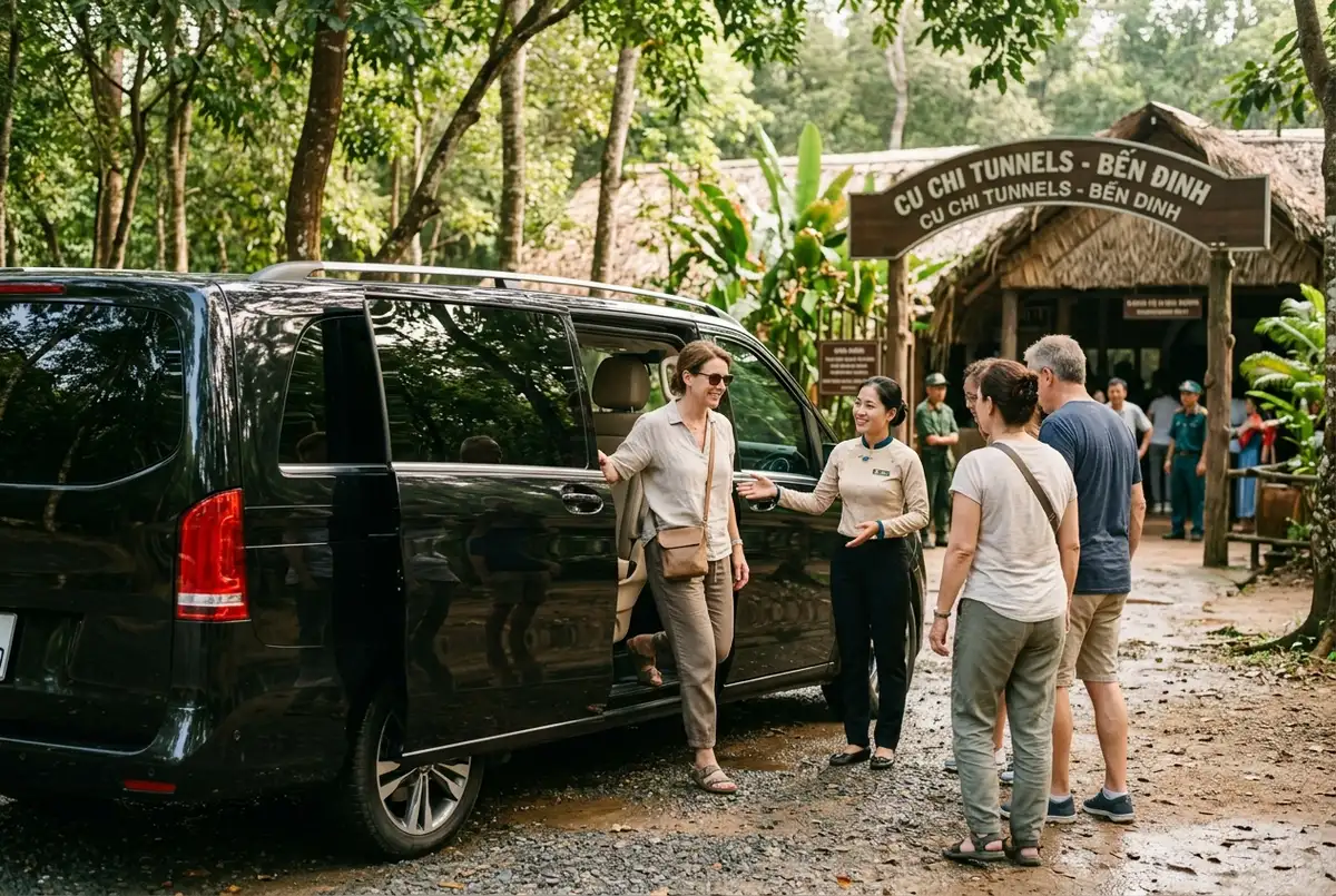Small group of travelers stepping out of a black limousine style van at the Cu Chi Tunnels entrance for a cu chi tunnels vip tour, guide greeting them, polished premium vehicle detail, soft morning light