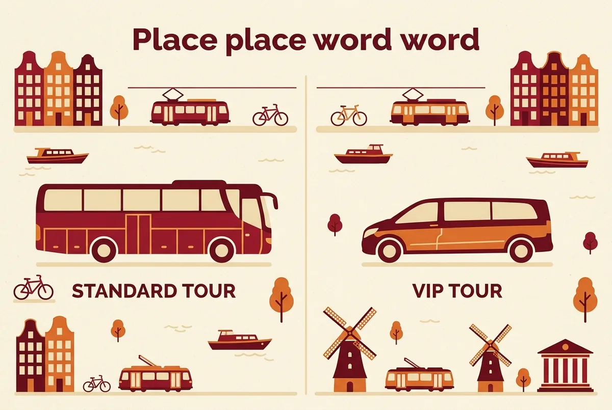 Simple side by side infographic comparing a large 40-seat bus icon labeled standard tour against a small limousine van icon labeled VIP tour for a cu chi tunnels vip tour, flat icon style, generic labels only, no numbers or statistics