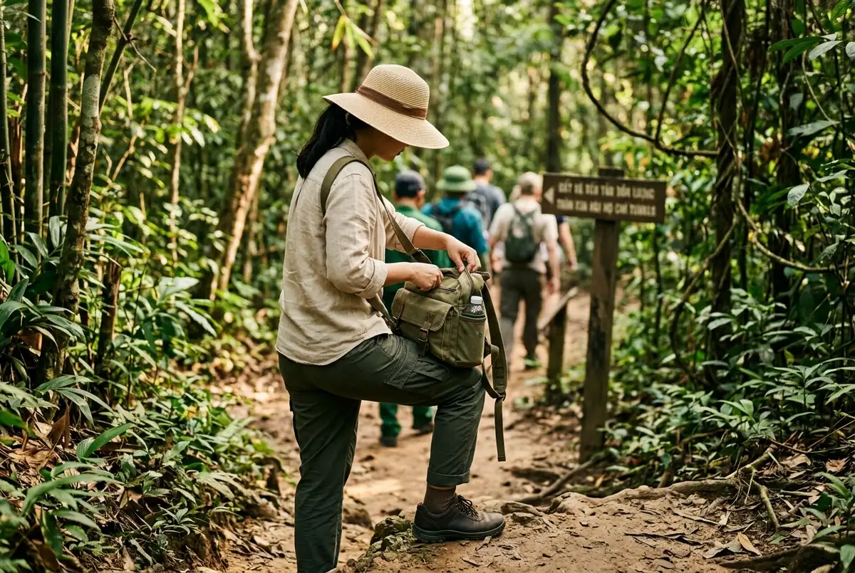 Traveler in closed shoes, light breathable clothing and a sun hat checking a small daypack before a cu chi tunnels visitor guide style jungle trail walk, morning light