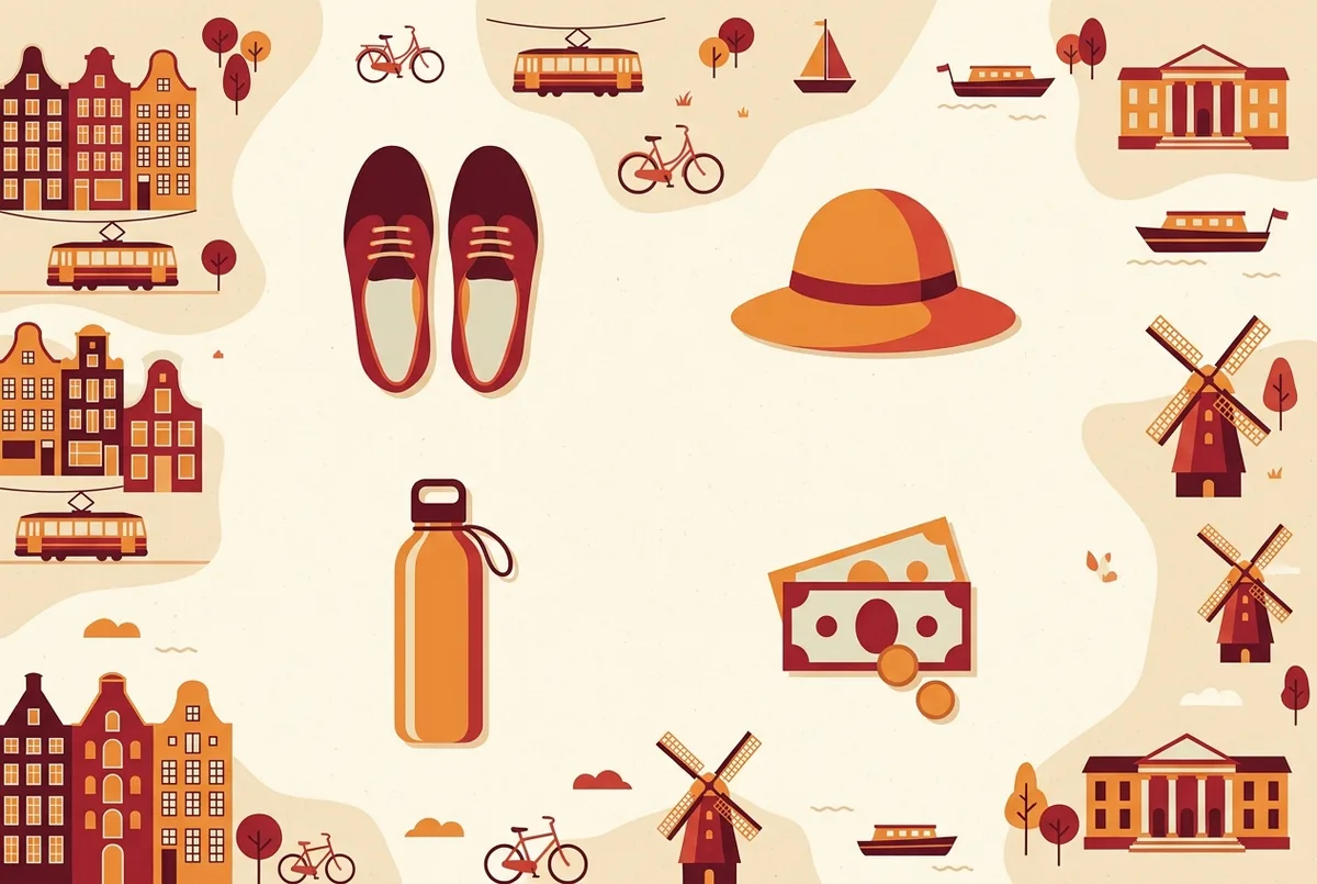 Simple flat lay style infographic showing labeled icons for closed shoes, sun hat, water bottle and small cash, arranged as a packing checklist, flat icon style, no numbers or statistics