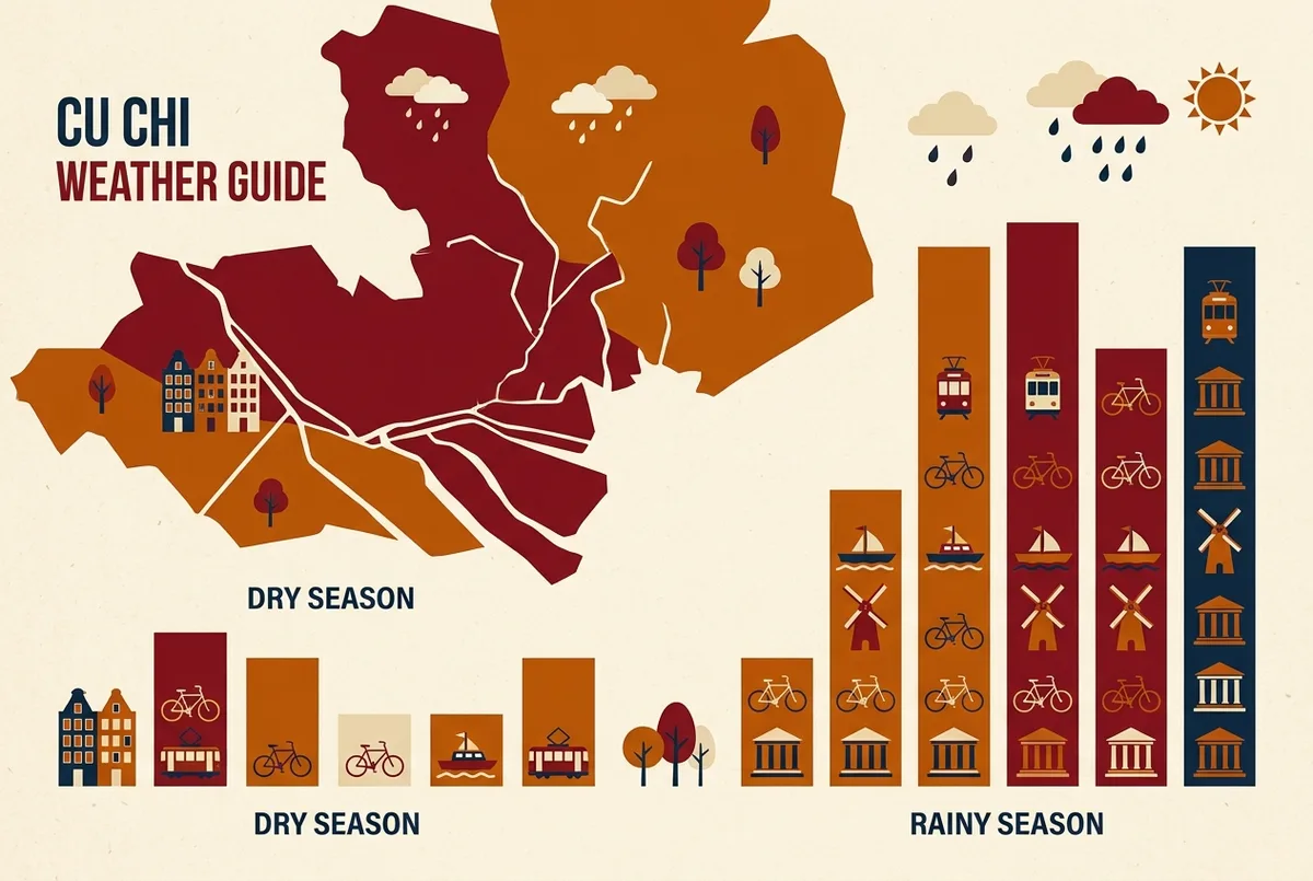 Vlakke iconeninfografiek met zon-iconen boven de maanden december tot april en regenwolk-iconen boven de maanden mei tot oktober voor cu chi tunnels weer, generieke maandlabels, geen cijfers of statistieken