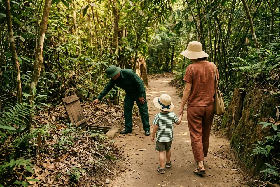 Parent and young child in sun hats walking hand in hand along a shaded jungle trail at the cu chi tunnels with kids, guide pointing at a camouflaged trapdoor, warm morning light