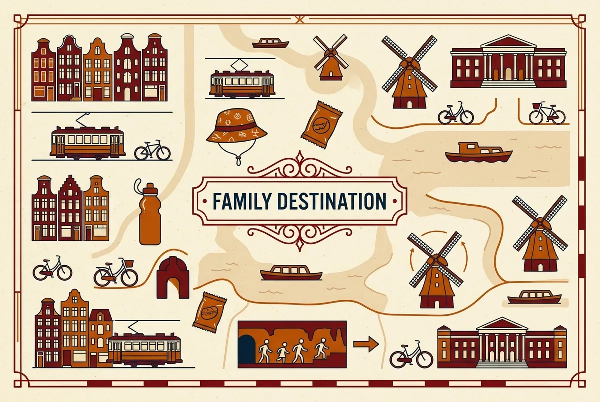 Simple flat lay style infographic showing labeled icons for a child sun hat, water bottle, snack and a skip arrow next to the tunnel crawl icon, cu chi tunnels family tour planning theme, flat icon style, no numbers or statistics