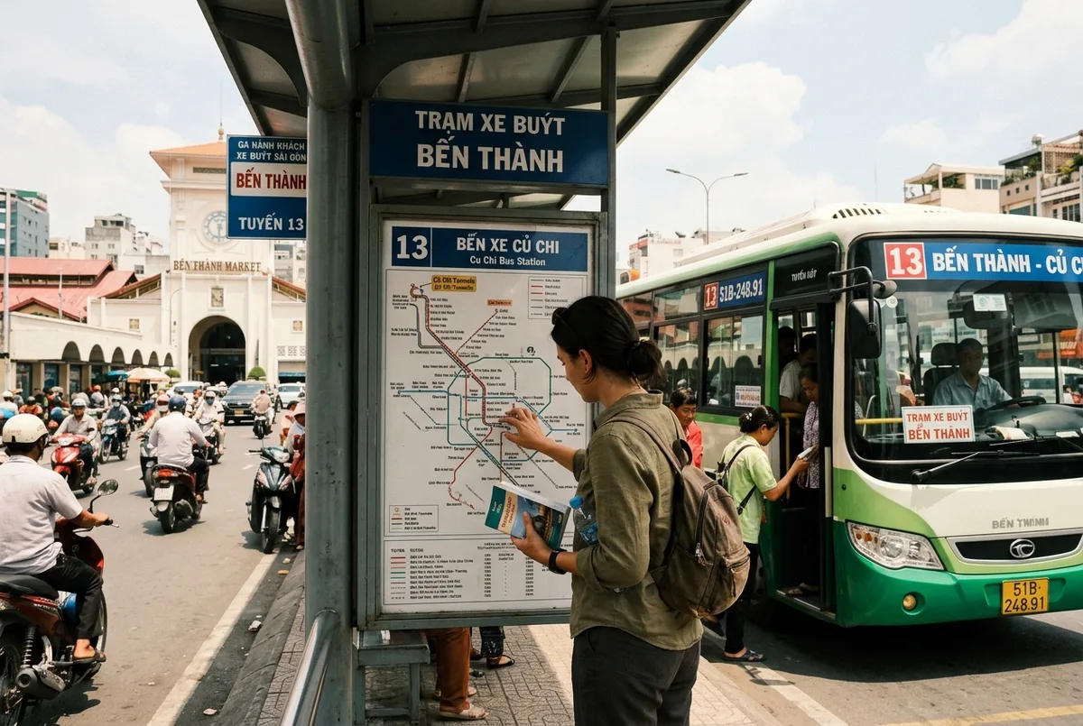 Zelfstandige reiziger bestudeert een buskaart van Ho Chi Minh Stad voordat hij een openbare bus richting de Cu Chi Tunnels neemt, busstation Ben Thanh op de achtergrond, felle middaglicht