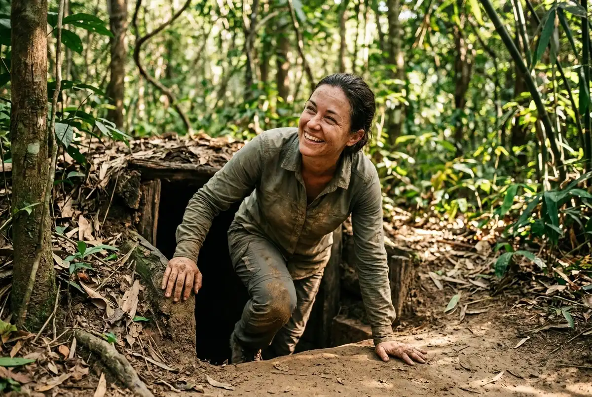 Reisender klettert mit echtem Lächeln aus einem erweiterten Cu Chi Tunnel Kriechabschnitt ins gesprenkelte Dschungellicht, Staub an Händen und Knien, dokumentarische Stimmung