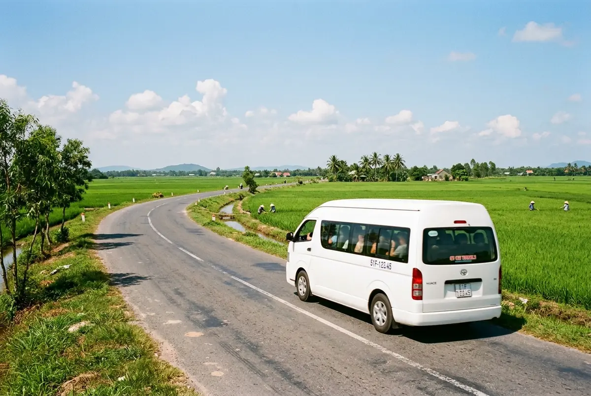 Air conditioned tour van driving along a rural highway from Ho Chi Minh City toward the Cu Chi Tunnels, rice paddies on both sides, clear midday sky