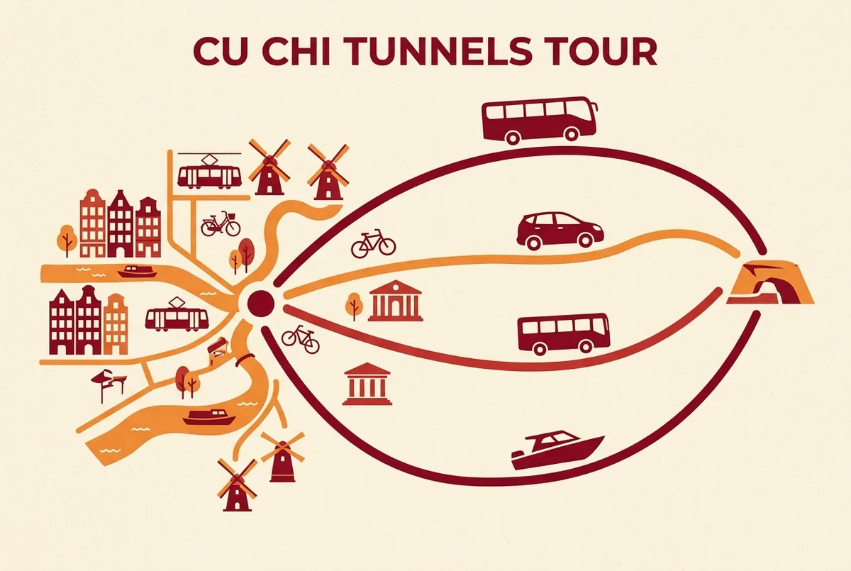 Simple map style infographic showing Ho Chi Minh City center with route lines fanning out to the Cu Chi Tunnels labeled tour bus, Grab, public bus and speedboat, flat icon style, no numbers or statistics