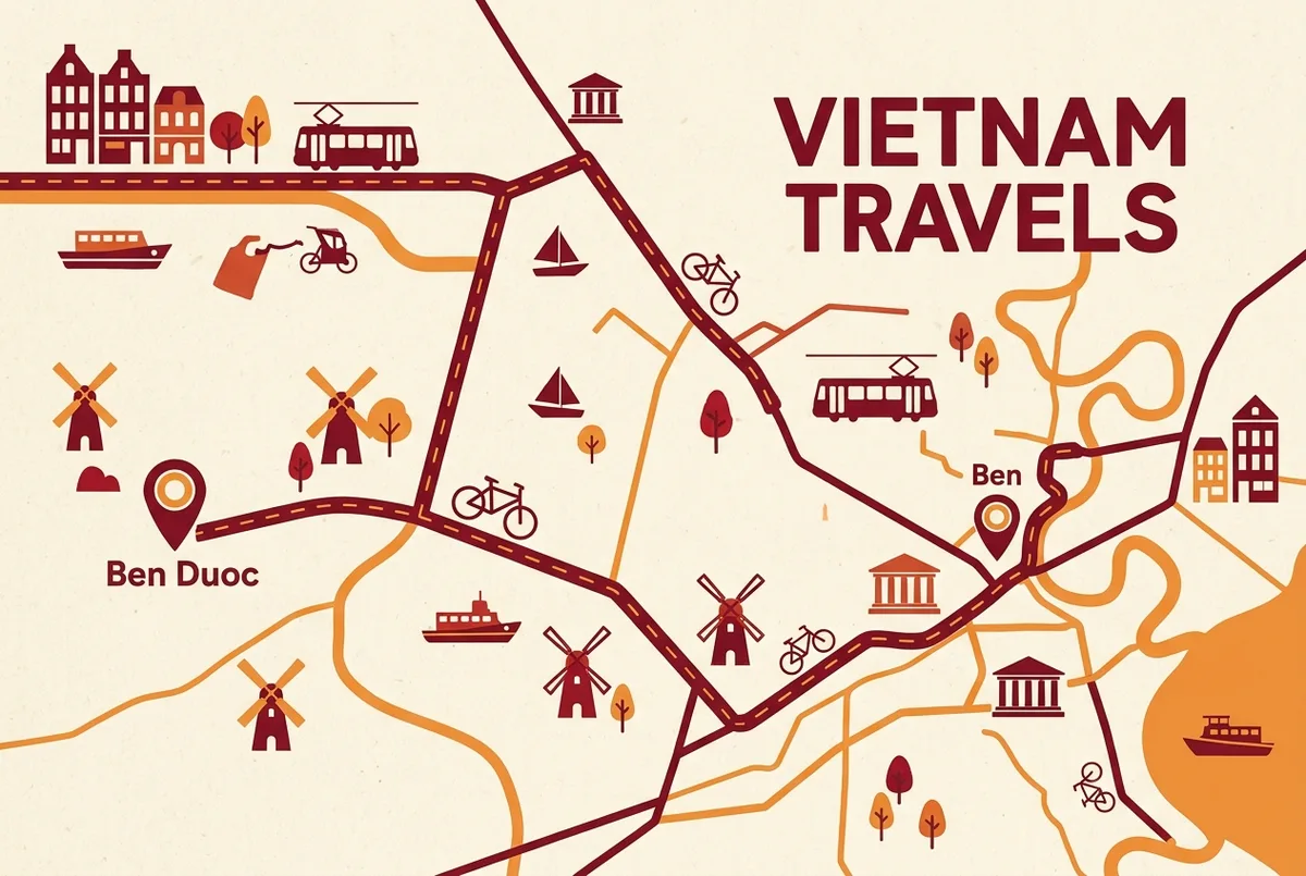 Simple map graphic showing the road route from Ho Chi Minh City to the Cu Chi Tunnels with the Ben Dinh and Ben Duoc entrance points marked