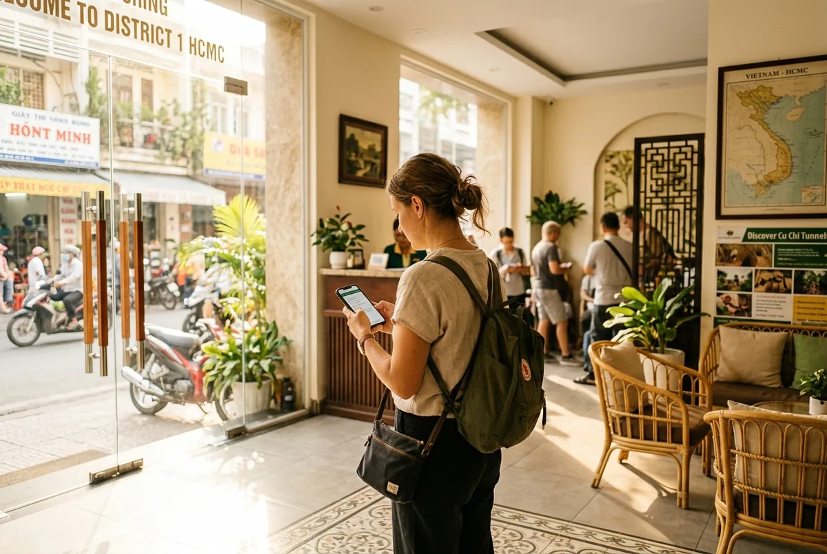 Traveler checking a tour pickup confirmation on a phone in a District 1 Ho Chi Minh City hotel lobby, hotels near cu chi tunnels theme, bright morning light through glass doors
