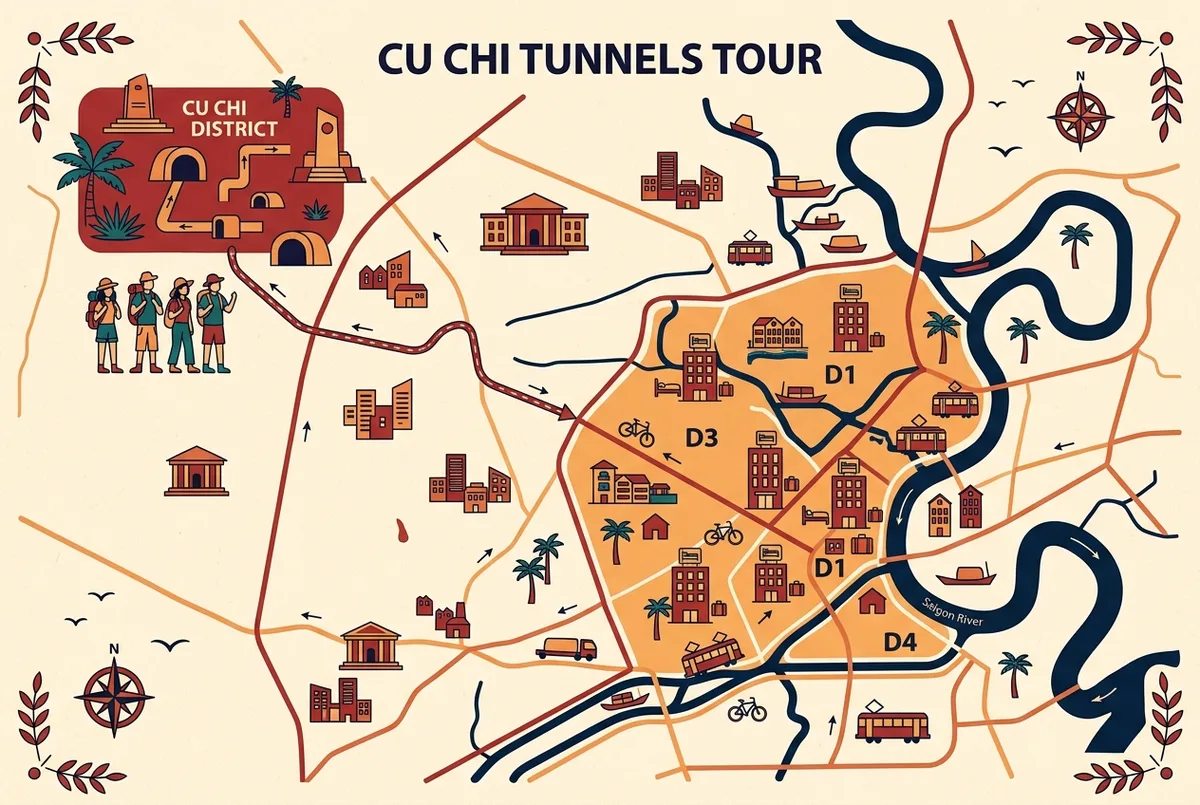 Simple map style infographic showing District 1, 3 and 4 highlighted as a hotel pickup zone with a route line to Cu Chi District, hotels near cu chi tunnels theme, flat icon style, no numbers or statistics