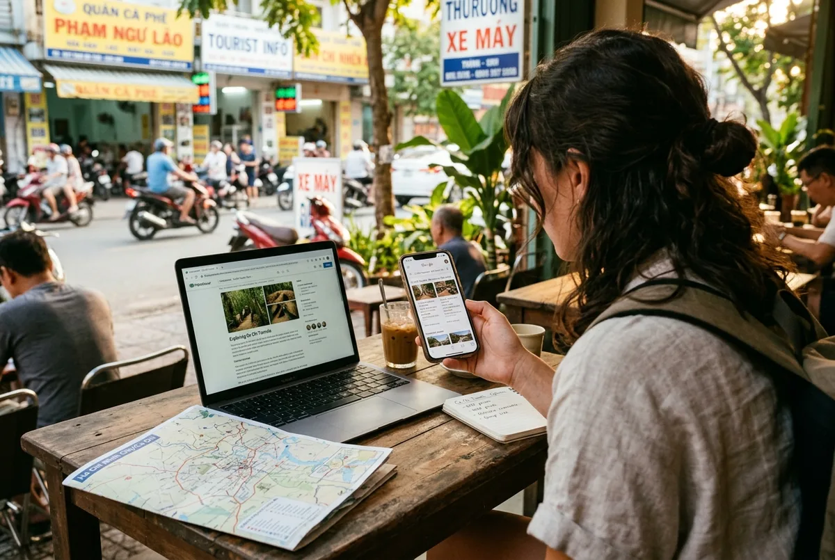 Traveler comparing cu chi tunnels tour listings side by side on a phone at a Ho Chi Minh City cafe table, laptop open beside a map, warm afternoon light
