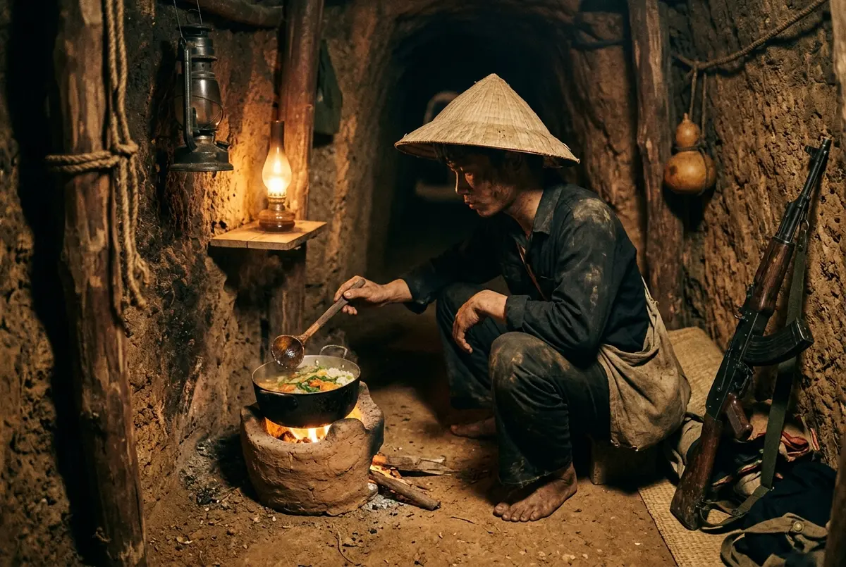 Reenactment style underground scene showing a guerrilla fighter cooking over a small clay stove in a narrow tunnel chamber lit by an oil lamp, life in the cu chi tunnels theme, warm dim light