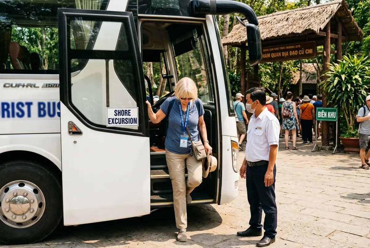 Cruise passenger stepping off a coach at the Cu Chi Tunnels entrance with a Phu My Port shore excursion lanyard, driver waiting nearby, bright midday sun