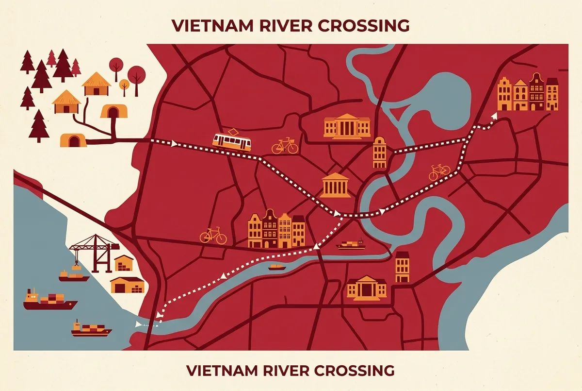 Simple map style infographic showing Phu My Port on one side of Ho Chi Minh City and the Cu Chi Tunnels on the opposite side with a dotted route line crossing the city between them, flat icon style, no numbers or statistics