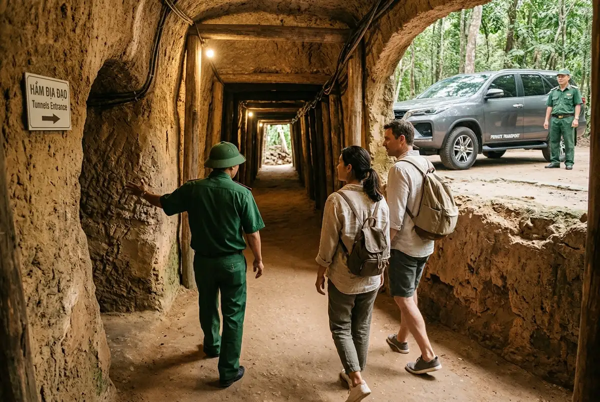 Private guide walking two travelers through the Cu Chi Tunnels underground complex with a dedicated air conditioned car waiting nearby, relaxed unhurried pace, soft midday light