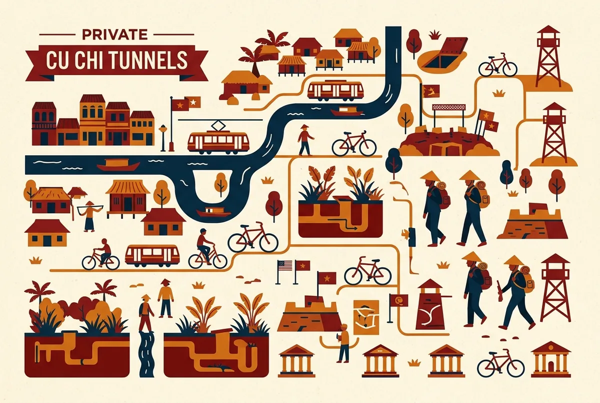 illustrated map of amsterdam highlights for Private Cu Chi Tunnels Tours: Small Groups and Multi-Language Guides, cu chi tunnel private tour